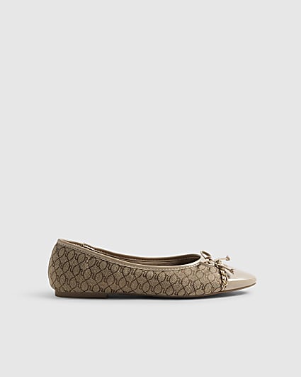 Beige Monogram Toe Cap Bow Ballet Flats