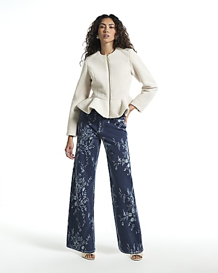 Blue High Waisted Floral Straight Leg Jeans