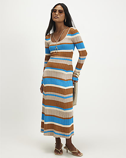 Petite Brown Stripe Long Sleeve Midi Dress