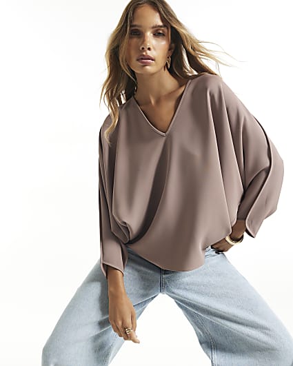 Brown V Neck Batwing Top