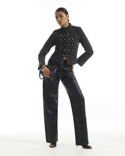 Black Croc Print Mid Rise Barrel Leg Jeans