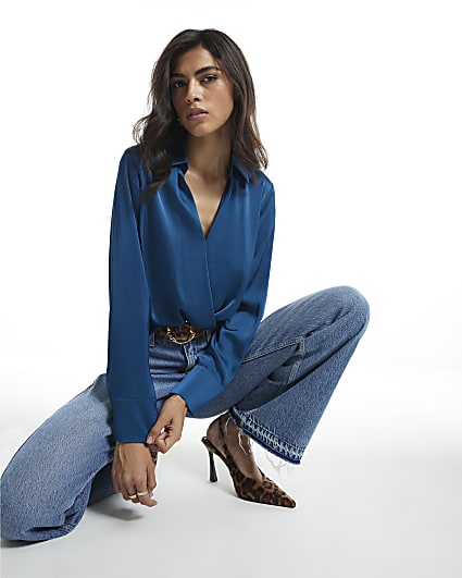 Blue Wrap Front Satin Blouse