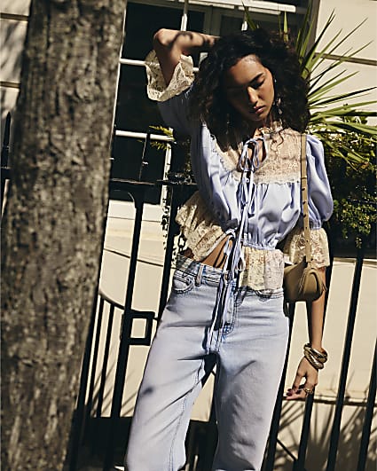 Blue Satin Lace Tie Front Top