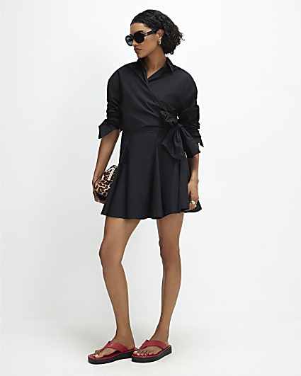 Black Cotton Poplin Wrap Skater Dress