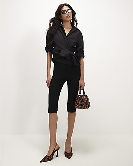 Black Cotton Poplin Wrap Tie Shirt
