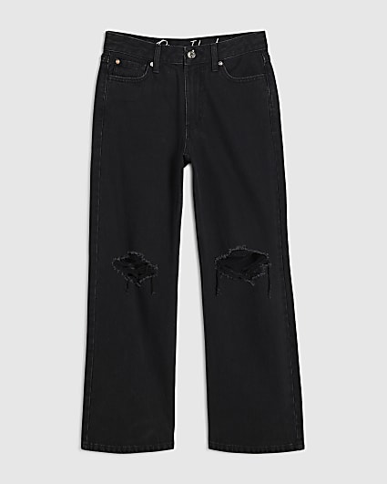 Petite Black Relaxed Straight Leg Rip Jeans