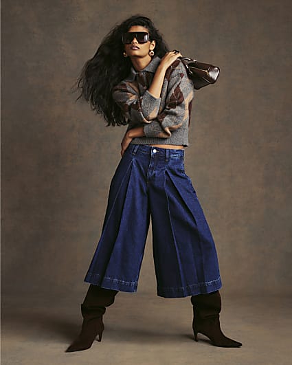 Blue Mid Rise Cathy Pleat Culotte Jeans