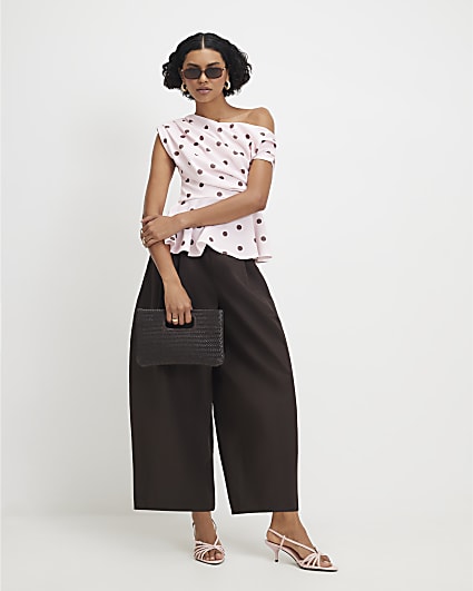 Pink Spot Print Short Sleeve Drape Peplum Top