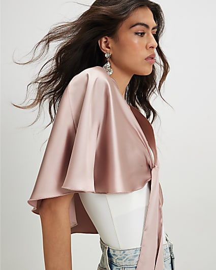 Pink Tie Front Satin Fringe Cape