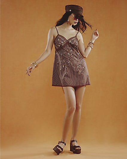 Brown Stripe Embellished Mini Dress