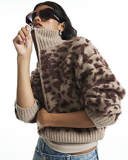 Beige Leopard Print Zip Through Cardigan