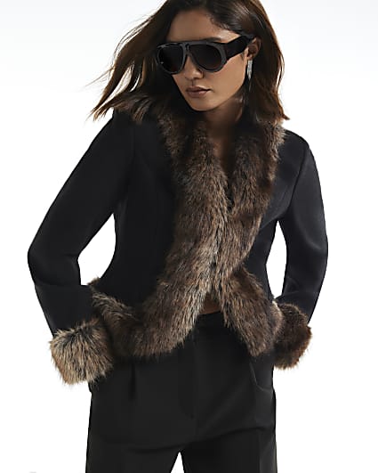 Black Faux Fur Trim Wrap Coat