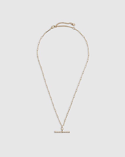 Gold Diamond Simulant T Bar Pendant Necklace