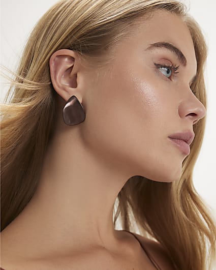 Brown Brushed Metal Stud Earrings