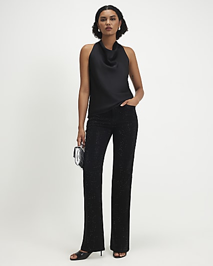 Black Diamante Stretch Straight Leg Jeans