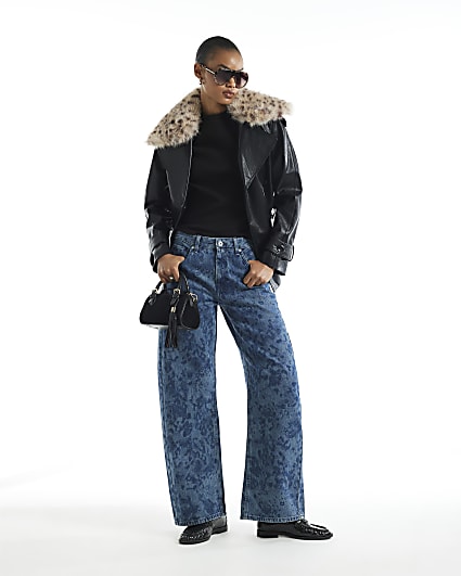 Blue High Waisted Leopard Print Tapered Jeans