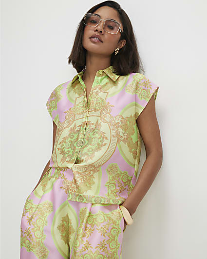 Yellow Satin Paisley Print Short Sleeve Shirt