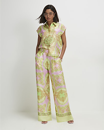 Yellow Satin Paisley Print Wide Leg Trousers