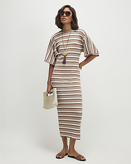Brown Stripe Maxi Batwing Dress
