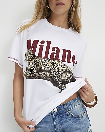 White Cotton Leopard Boyfriend Fit T-Shirt