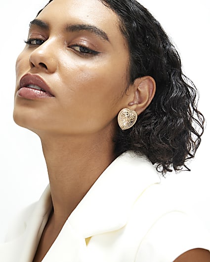 Gold Etched Heart Stud Earrings