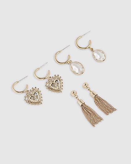 Gold Heart And Tassel Earring 3 Pack
