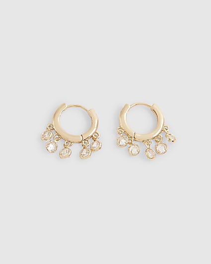 Gold Diamond Simulant Drop Hoop Earrings