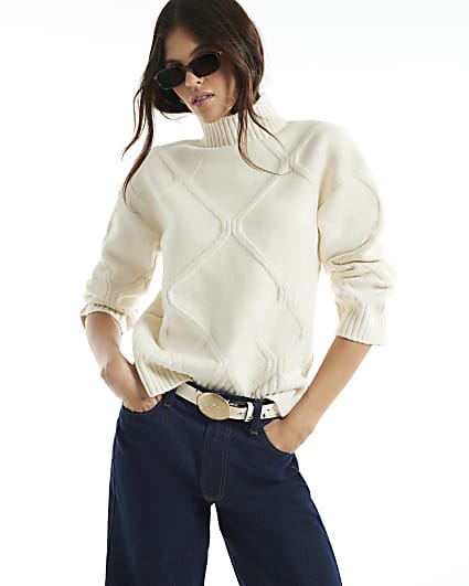 Cream Clean Argyle High Neck Jumper