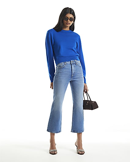 Blue High Waisted Cropped Kickflare Jeans
