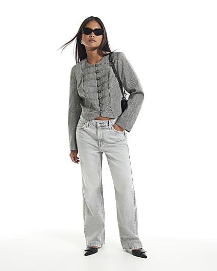 Petite Grey Mid Rise Slim Straight Leg Jeans