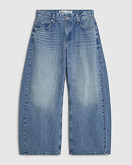 Petite Blue Mid Rise Barrel Leg Jeans