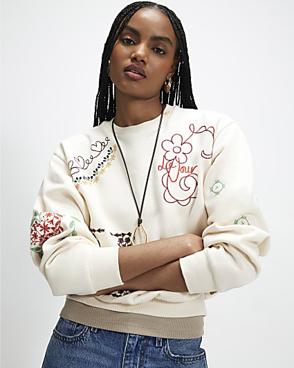 Cream Embroidered Patchwork Sweatshirt