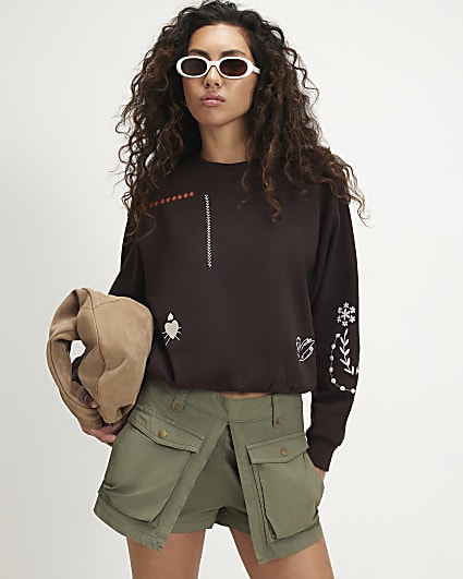 Brown Embroidered Patchwork Sweatshirt