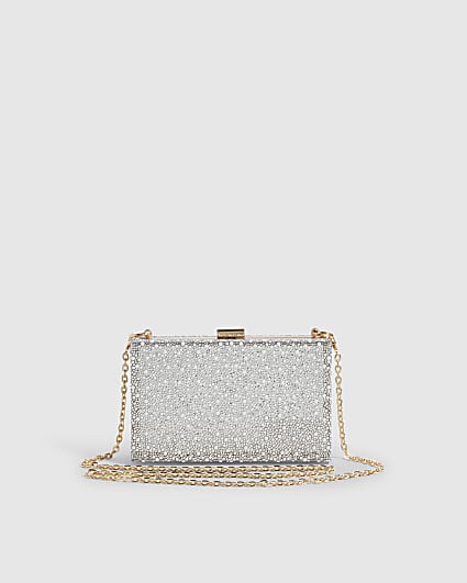 Silver Pearl And Diamante Hard Clutch Bag