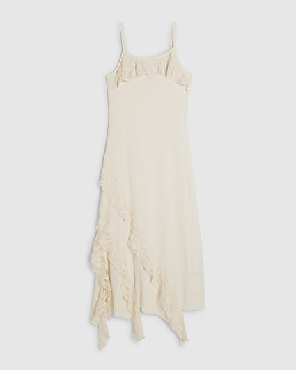 Petite Cream Asymmetric Lace Trim Maxi Dress