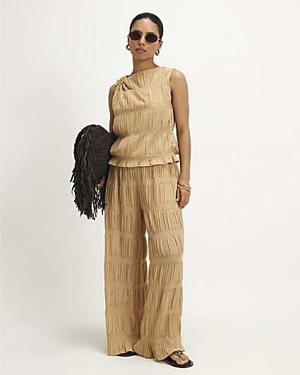 Petite Beige Glitter Wide Leg Trousers