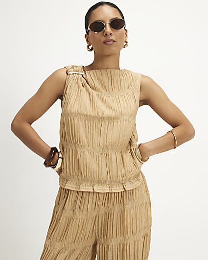 Petite Beige Glitter Metal Trim Top