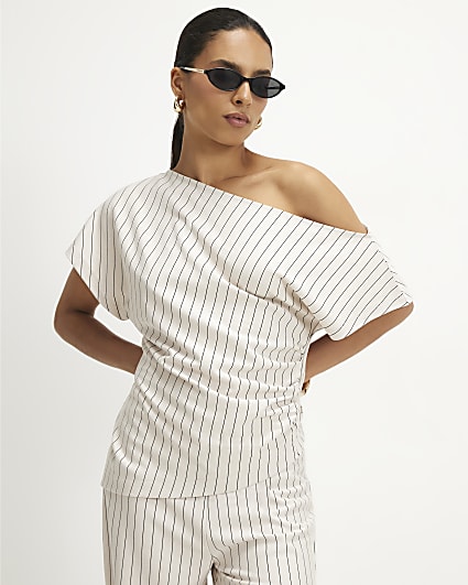 Petite Beige Pinstripe Asymmetric Drape Top