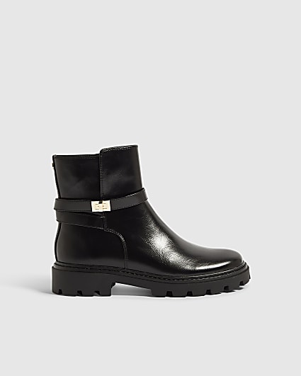 Black Faux Leather Lock Ankle Chunky Boots