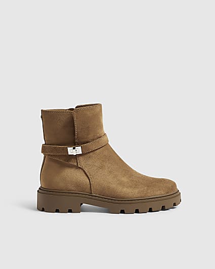 Brown Faux Suede Lock Ankle Chunky Boots