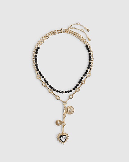 Black Heart Charm Multirow Necklace