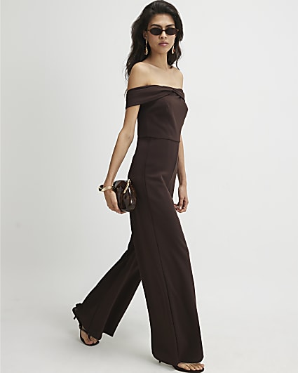 Brown Sleeveless Bardot Jumpsuit