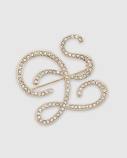 Gold Rhinestone Open Swirl Brooch