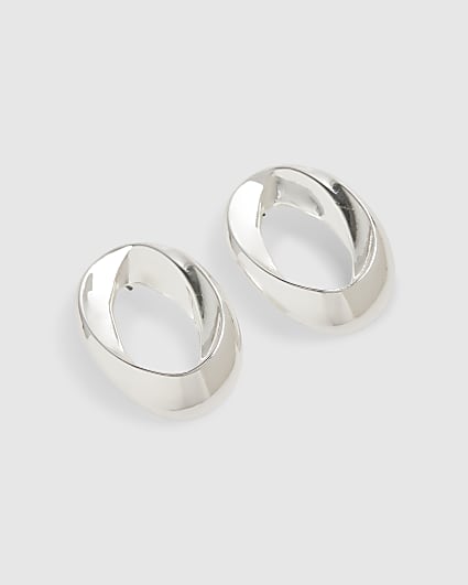 Silver Oval Twisted Stud Earrings
