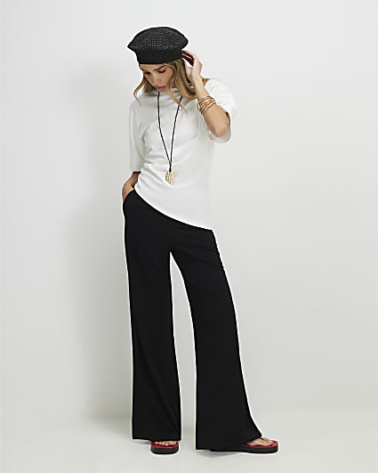 Black Wide Leg Ribbed Trousers
