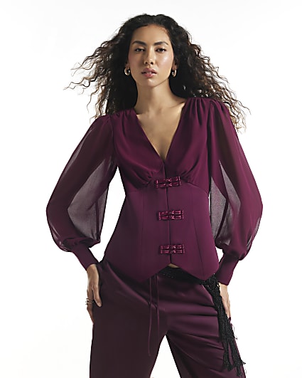 Red Satin Corset Detail Blouse