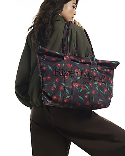 Burgundy Cherry Print Roll Top Bag