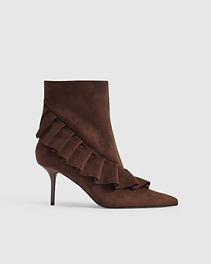 Brown Faux Suede Ruffle Side Boots
