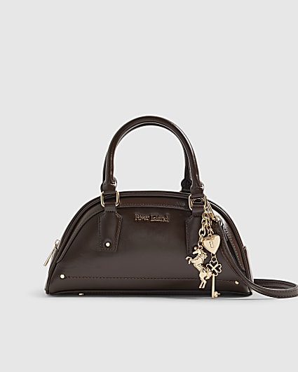Brown Curved Charm Bowler Bag