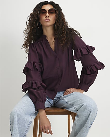 Burgundy Long Sleeve Ruffle Blouse